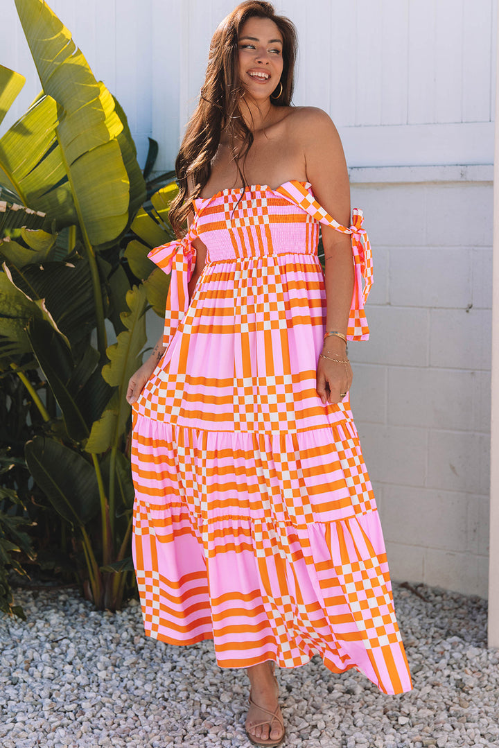 Boho Gingham Tied Straps Smocked Maxi Dress