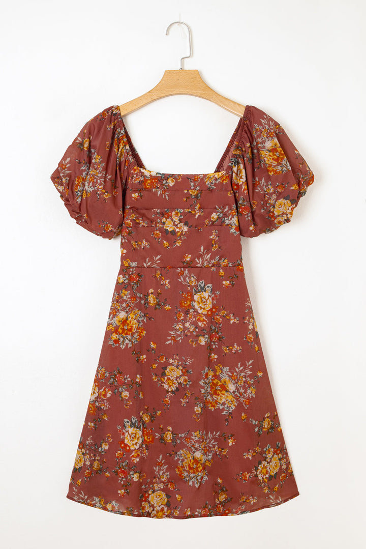 floral puff sleeve square neck knot open back mini dress