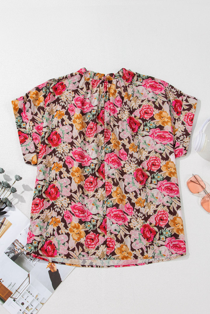 Floral Print Crew Neck Short Sleeve Shift Blouse