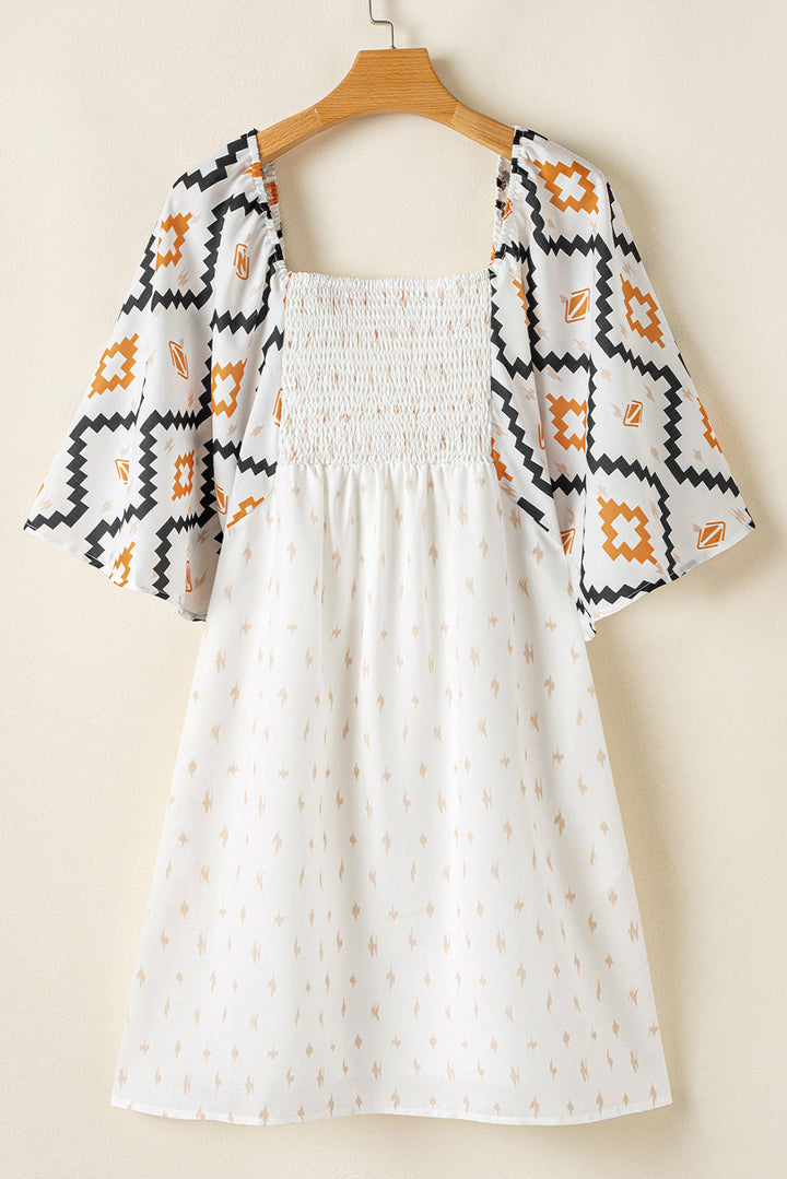Western Aztec Print Pleated Square Neck Loose Mini Dress