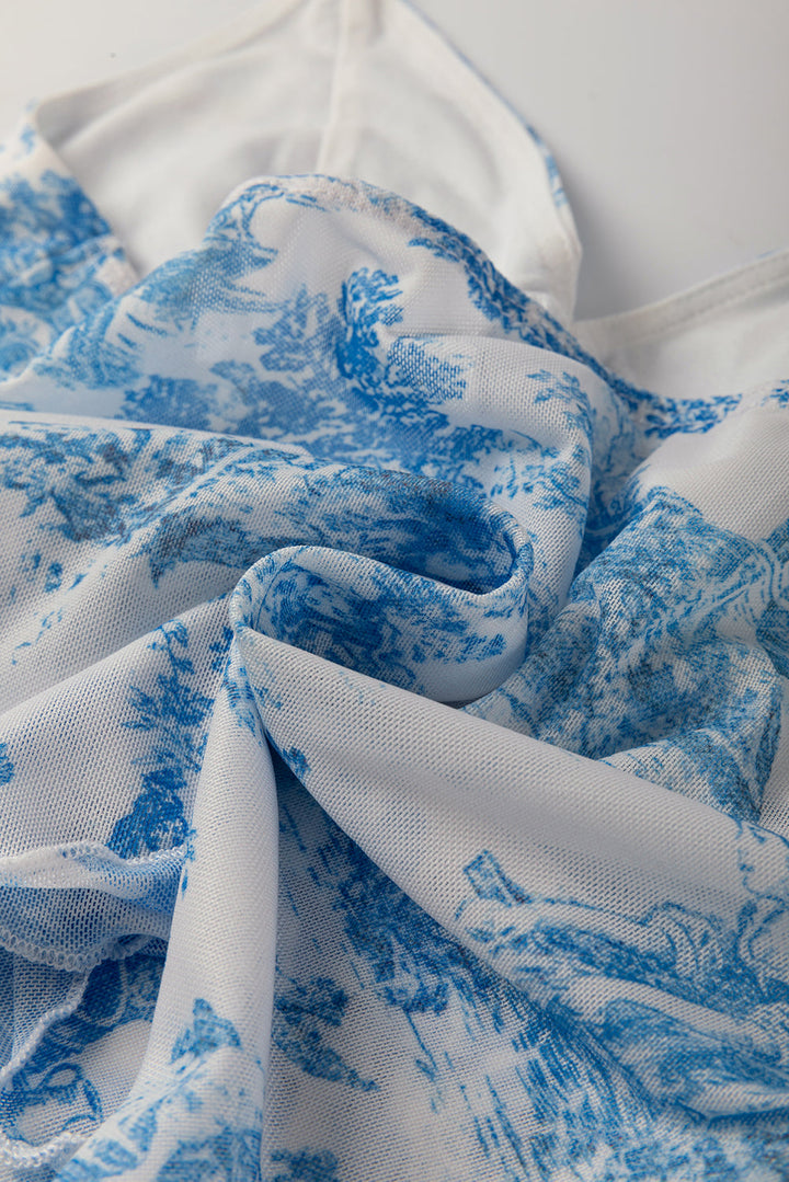 random printed mesh bow detail halterneck tank top