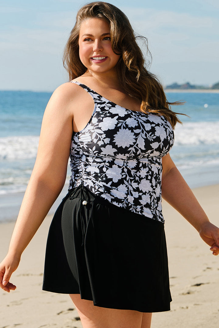 Plus Size Printed Square Neck Drawstring Ruffled Tankini Set