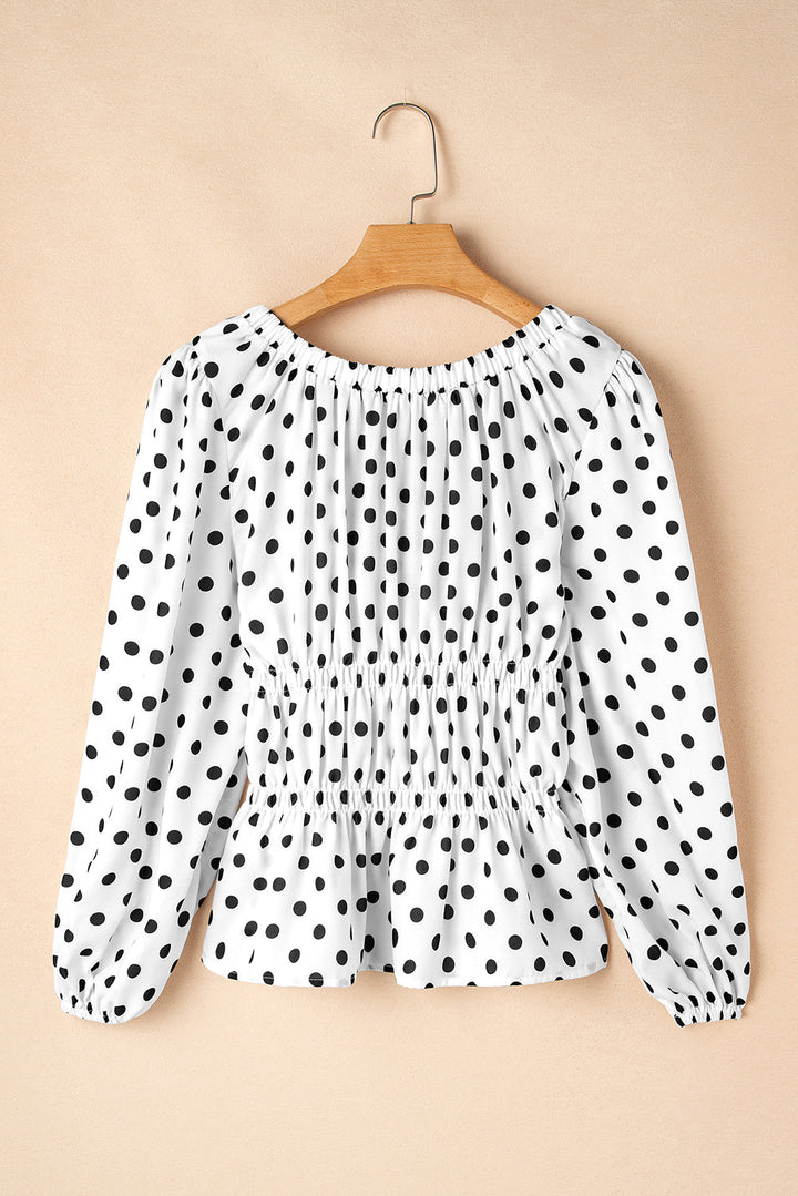 Polka Dot Puff Sleeve Bow Square Neck Peplum Top