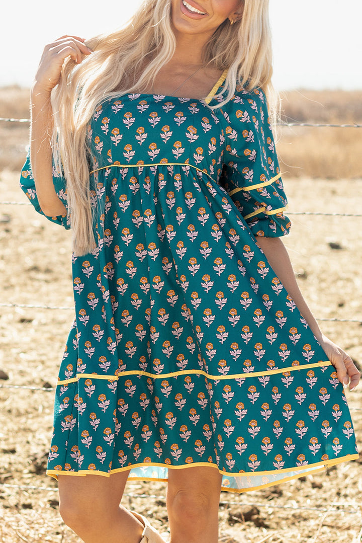 Floral Contrast Trim Square Neck Puff Sleeve Dress