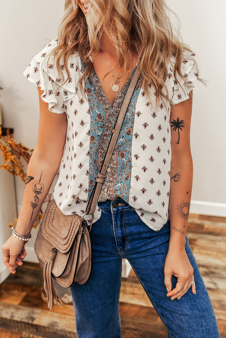 boho pattern tiered ruffled sleeve v neck buttoned blouse