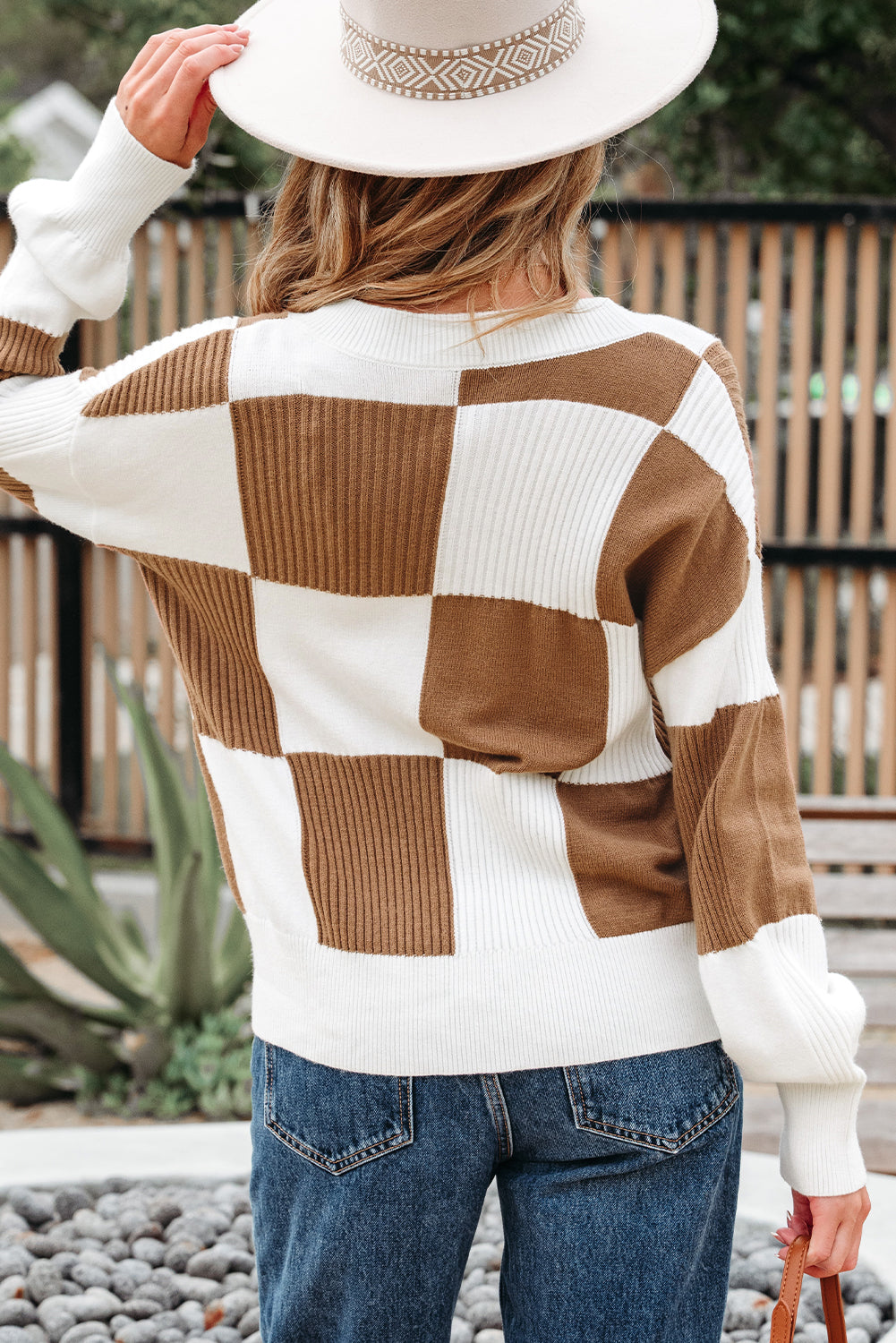 Checkered Pattern Ribbed Detail Button V Neck Sweater Cardigan