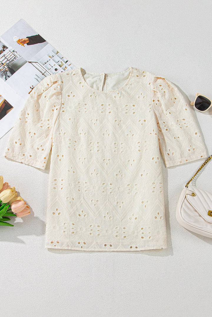 Eyelet Embroidered Half Sleeve Casual Blouse