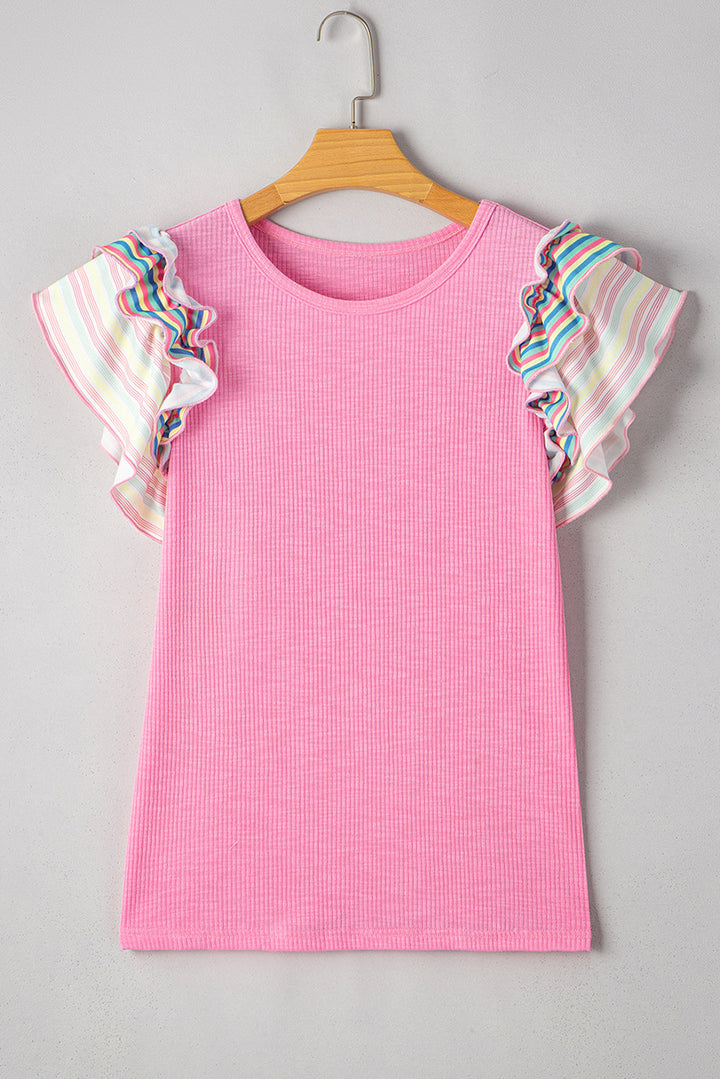 striped ruffle flutter sleeve ribbed blouse