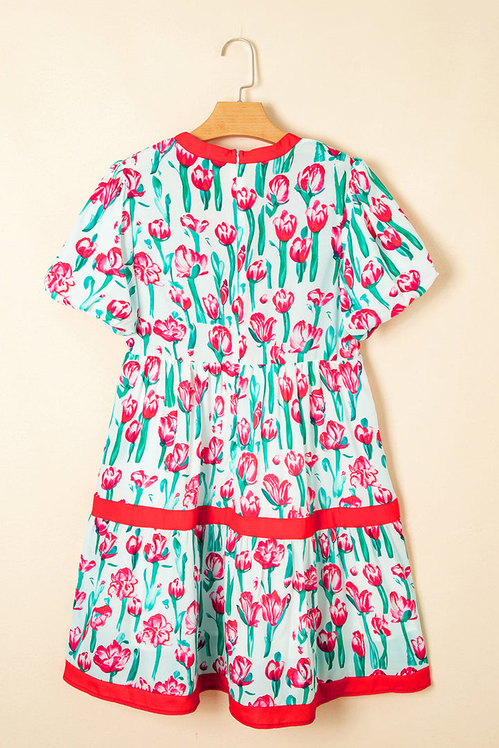 floral print contrast trim v neck bubble short sleeve babydoll dress