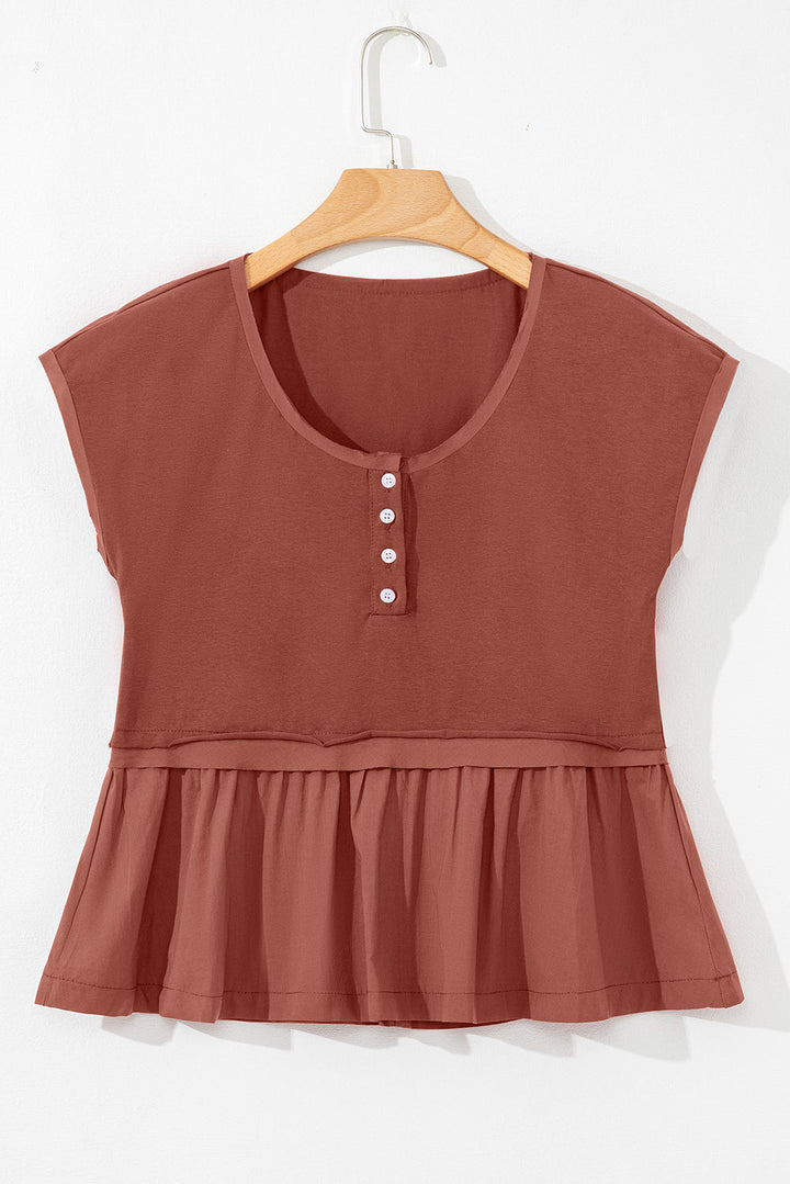 short sleeve u neck buttons splicing ruffle blouse