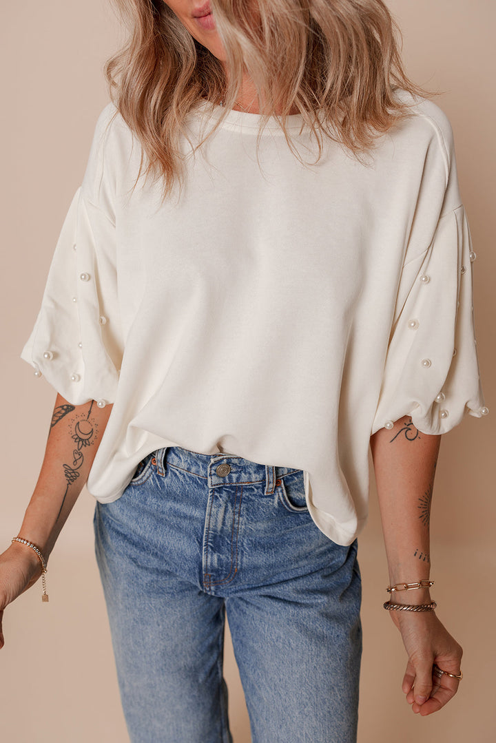 Pearled Puff Sleeve Round Neck Loose Top