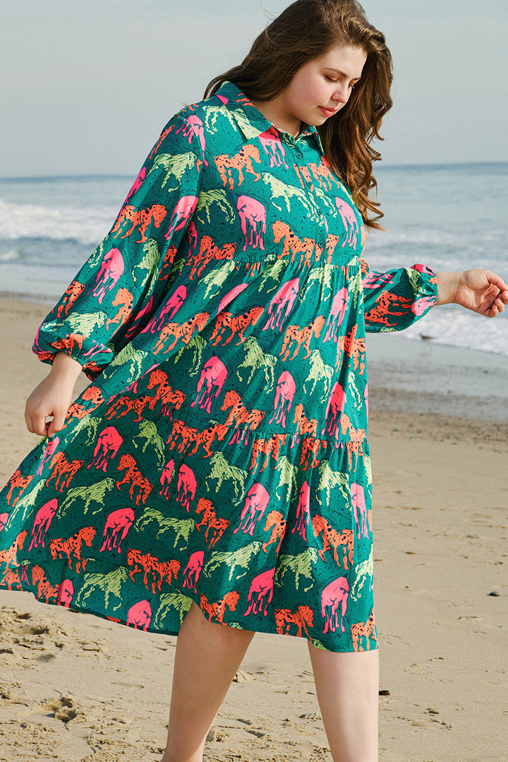Horse Printed Long Sleeve Collared Buttoned Plus Size Midi Dress