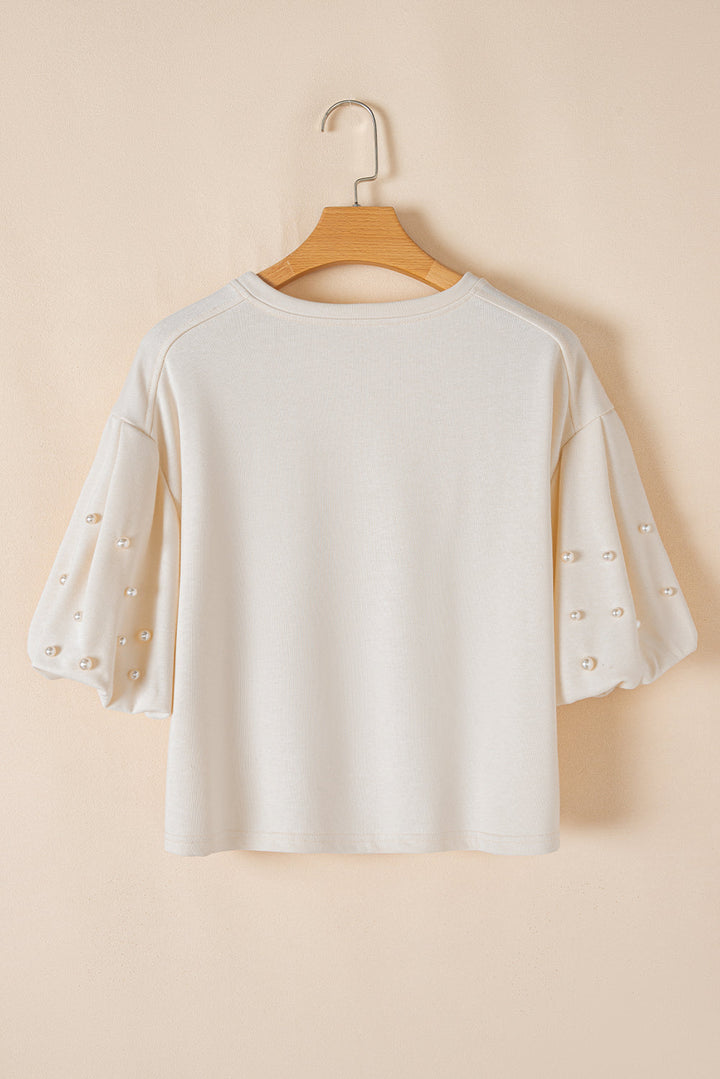 Pearled Puff Sleeve Round Neck Loose Top