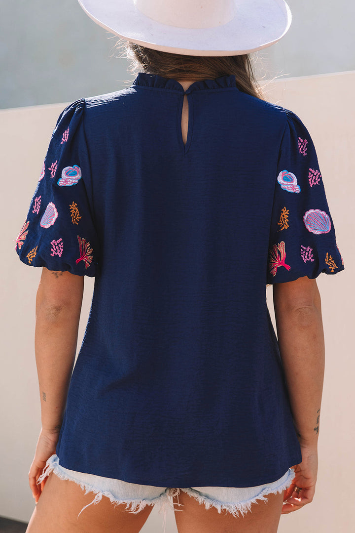Shellfish Coral Embroidery Puff Sleeve Frilled Neck Blouse