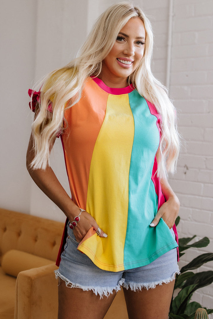 color block ruffled crew neck loose fit t shirt