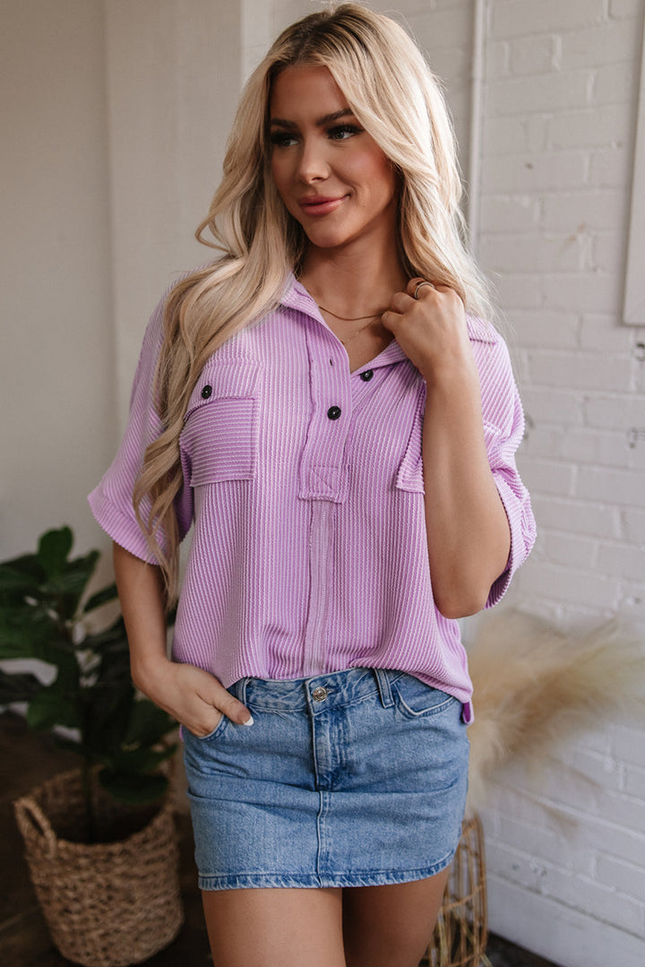 Corded Flap Pocket Collared Buttoned Short Sleeve Blouse
