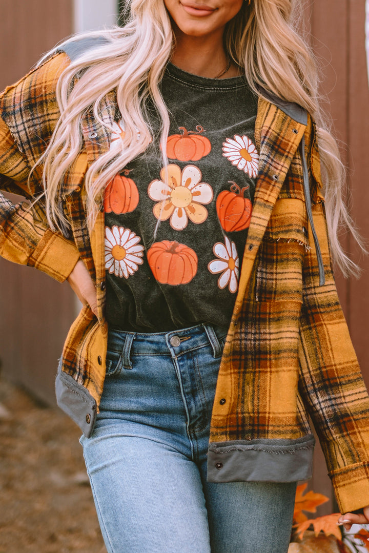 Plaid Patch Hooded Frayed Snap Button Jacket