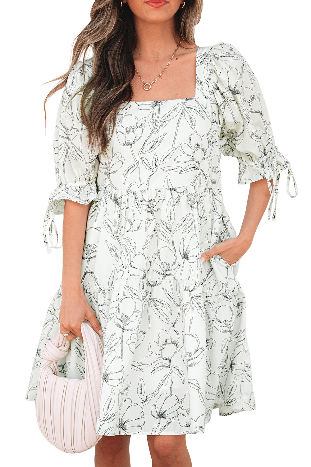 Floral Print Square Neck Shirred Back Puff Sleeve Mini Dress