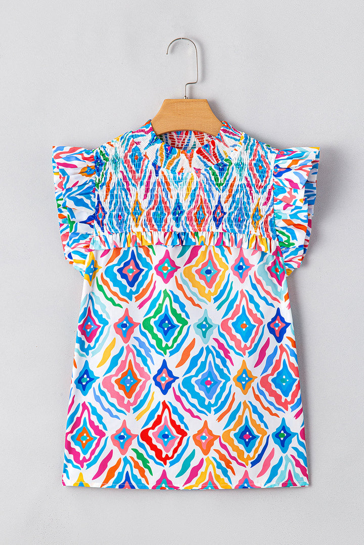 Geometric Printed Flutter Sleeve Mock Neck Shirred Blouse