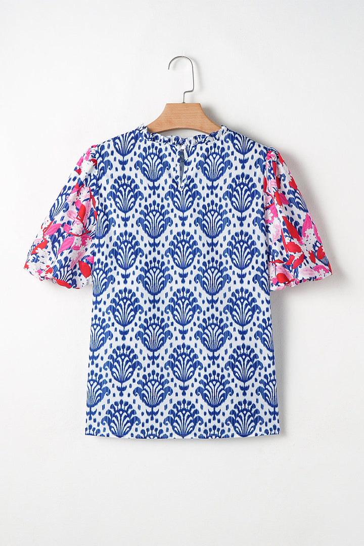 Western Fashion Print Floral Puff Sleeve Frilled Neck Blouse