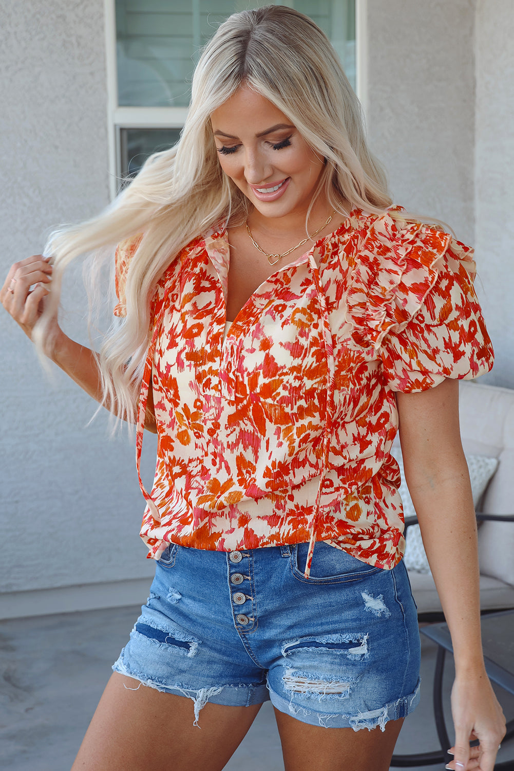 Floral Print Ruffled Short Puff Sleeve Split Neck Blouse