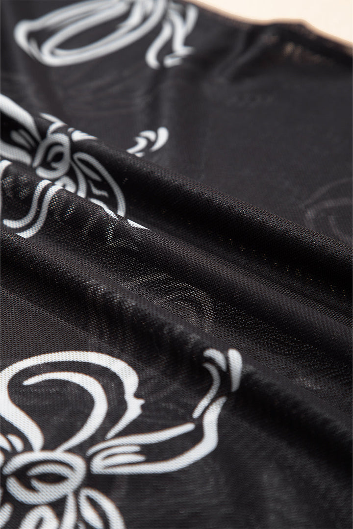 bow printed mesh short sleeve top