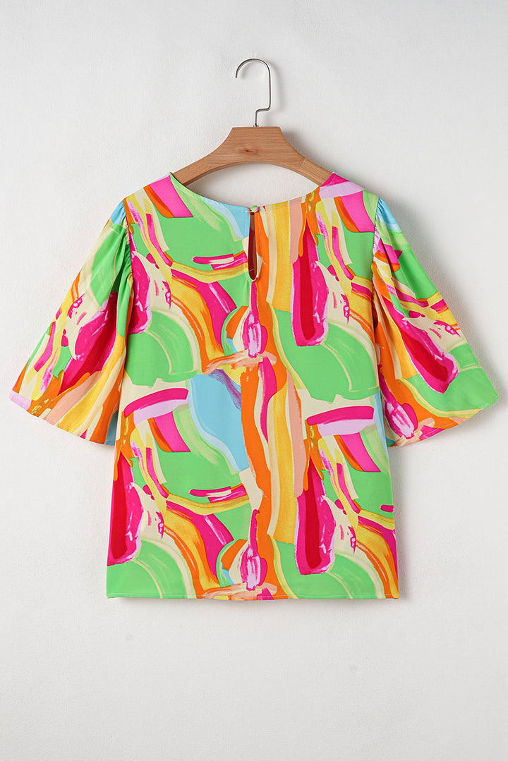 Abstract Print Keyhole Back Pleated Half Sleeve Blouse