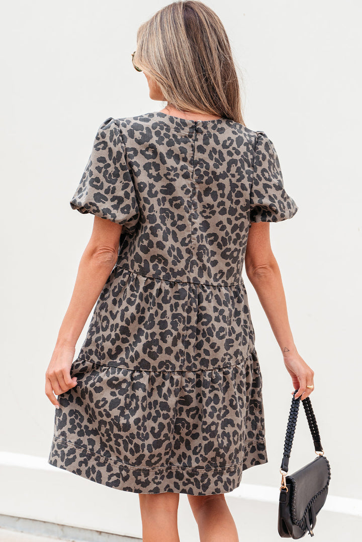 denim leopard printed short puff sleeve mini dress