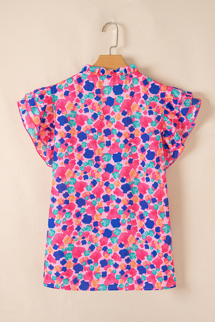 Abstract Print Ruffled Sleeve V Neck Blouse