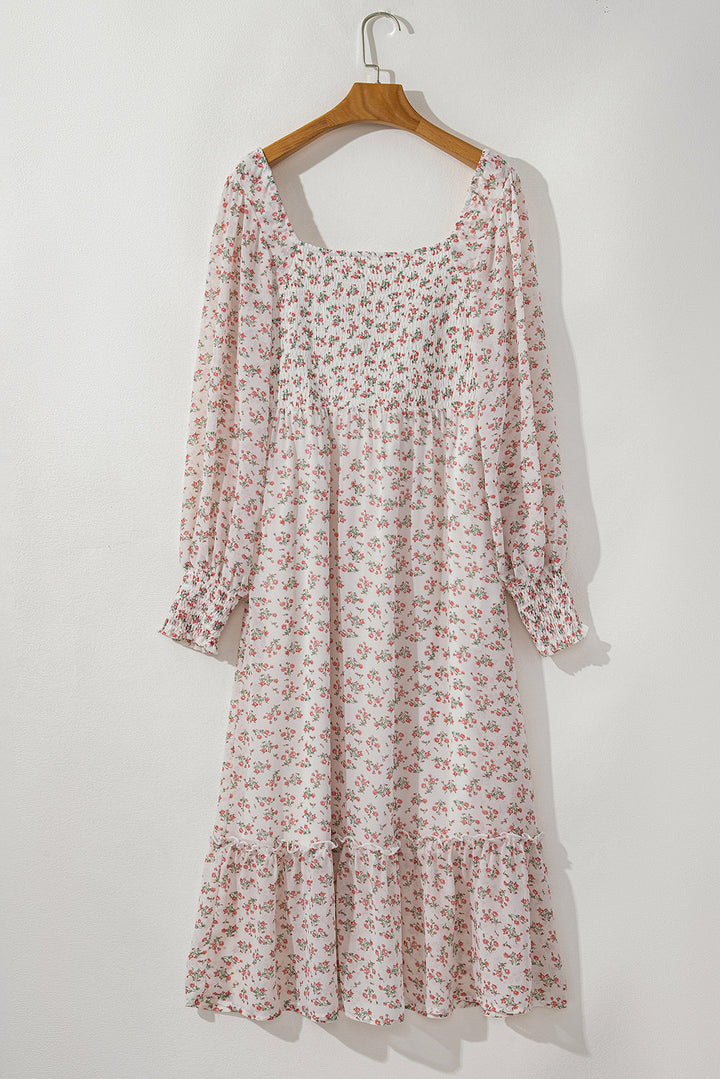 Floral Print Shirred Ruffled Hem Square Neck Midi Dress