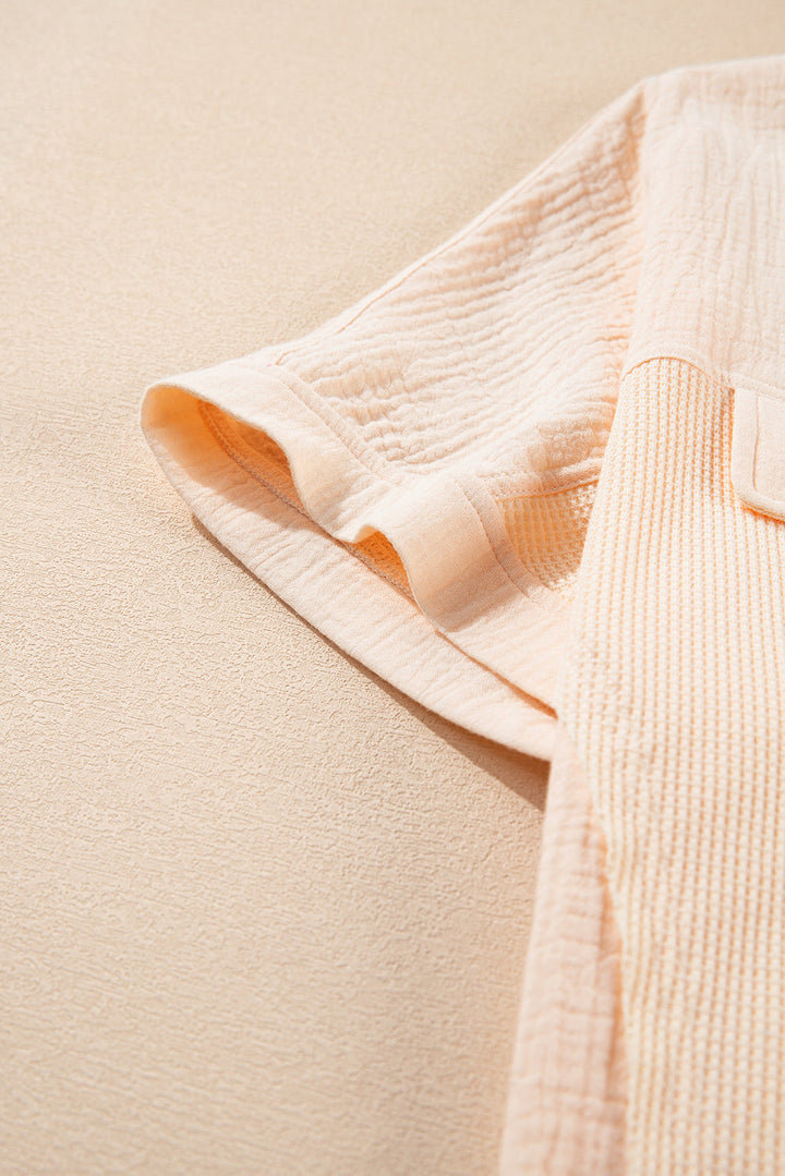 waffle splicing short batwing sleeve flap detail shirt