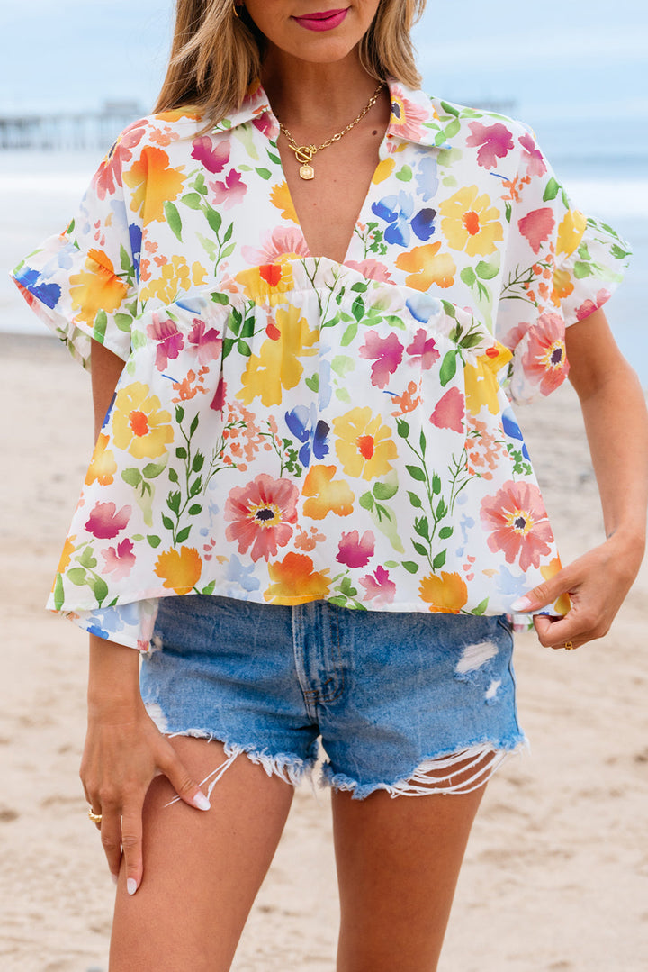 floral boxy fit ruffled short sleeve v neck blouse