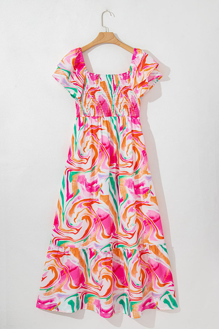 Abstract Print Ruffled Sleeve Smocked Bust Maxi Dress