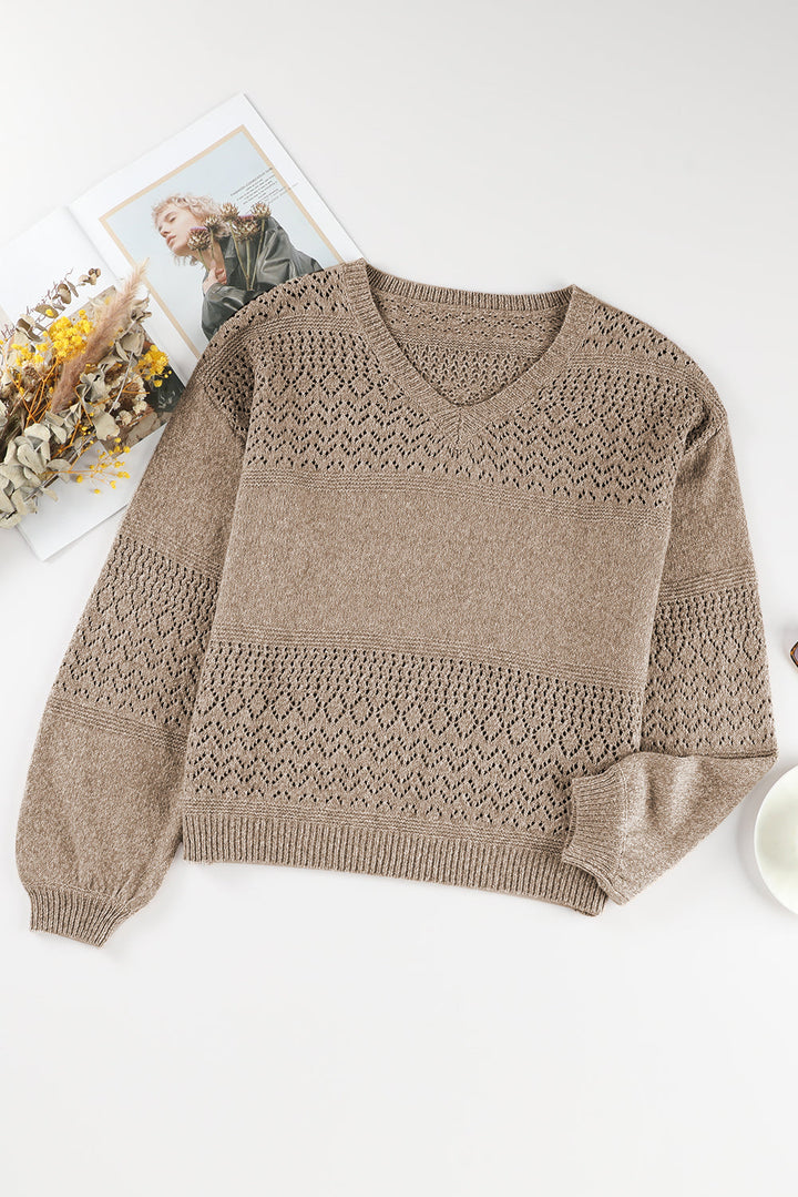 eyelet pattern detail v neck drop shoulder sweater 2