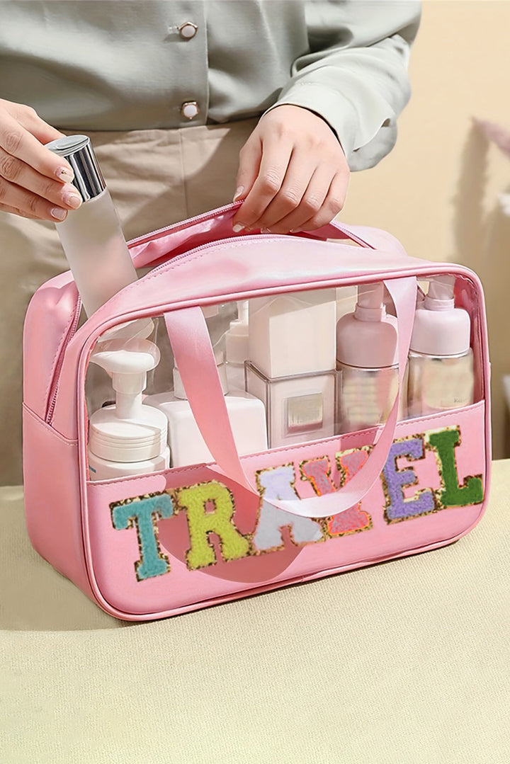 Trousse de maquillage TRAVEL en PVC transparent avec lettres en chenille