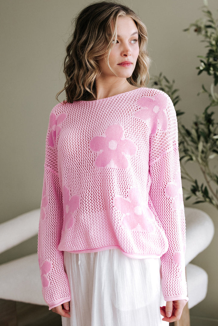 Big Flower Hollowed Knit Drop Shoulder Sweater