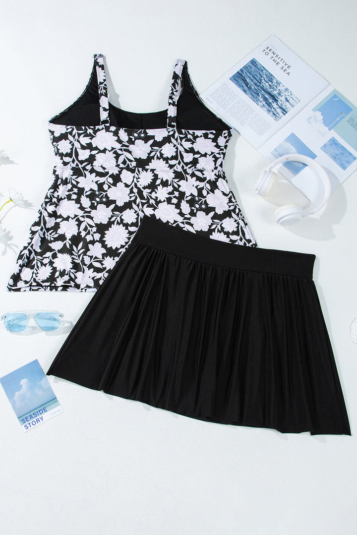 Plus Size Printed Square Neck Drawstring Ruffled Tankini Set