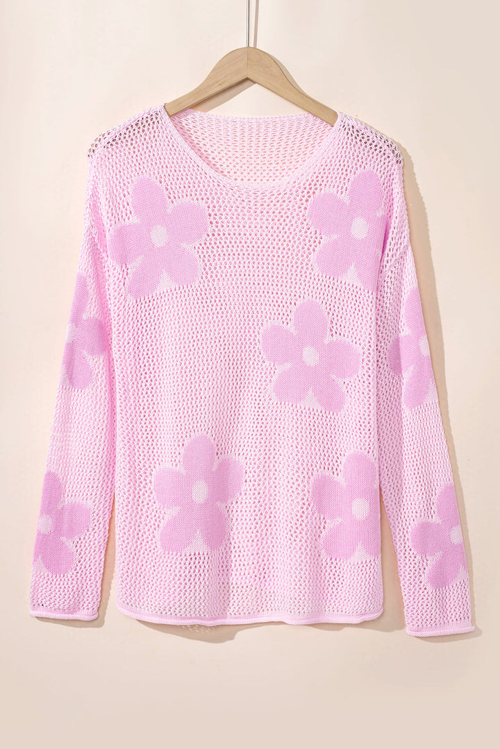 Big Flower Hollowed Knit Drop Shoulder Sweater