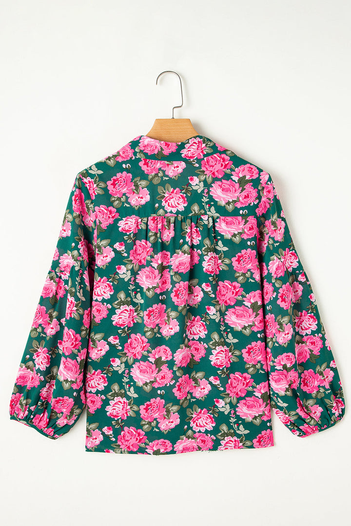 Floral Printed Tied Collar Puff Sleeve Blouse