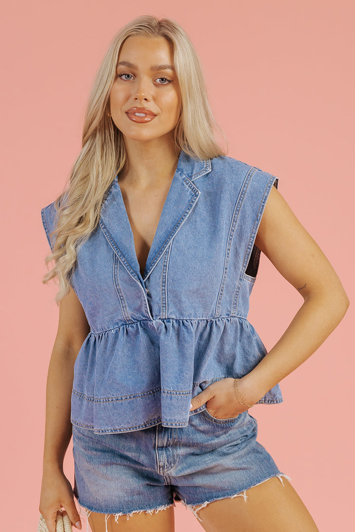 Lapel Denim Babydoll Top