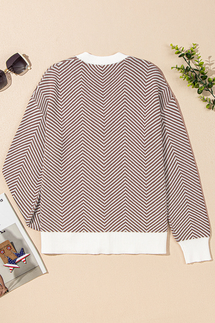 Buttoned Front V Neck Herringbone Cardigan