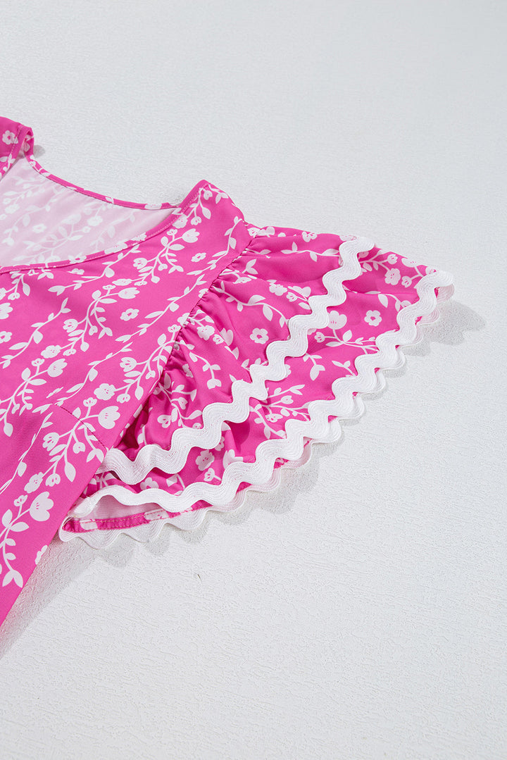 Floral Print Ric-rac Tiered Ruffled V Neck Blouse