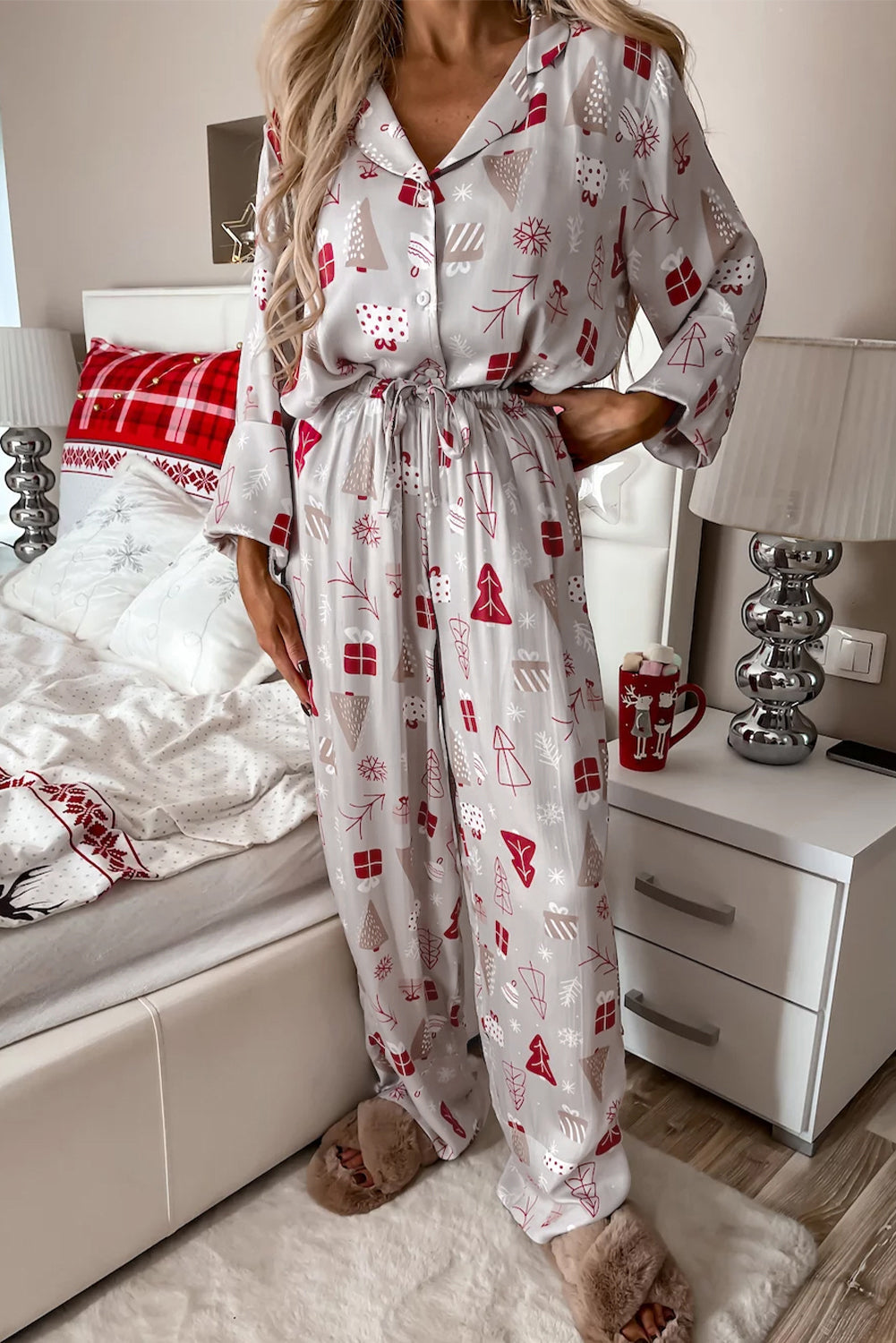 christmas printed shirt and pants pajama set