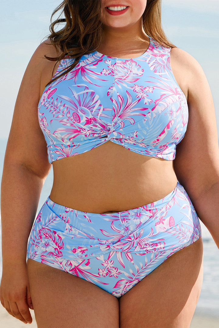 Plus Size Floral Print Twisted High Waist Bikini Set