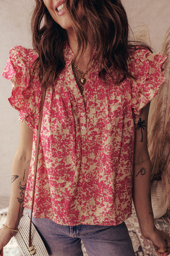 allover printed half button neck ruffle sleeve blouse