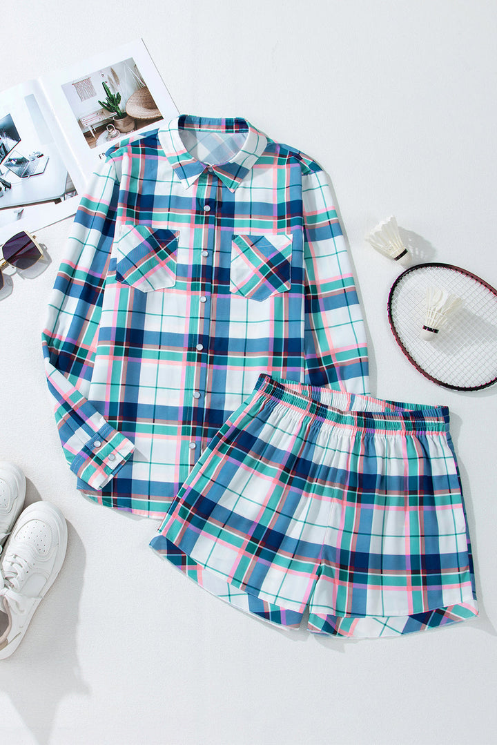 plaid print shirt and shorts 2pcs lounge set