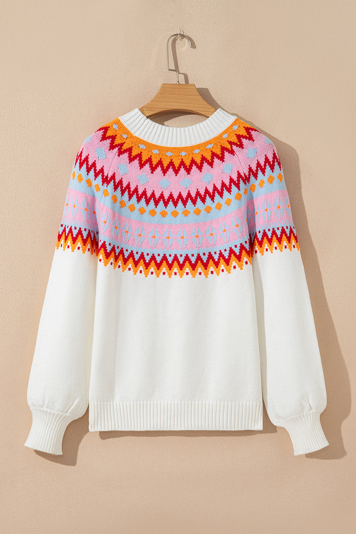 Ethnic Geometric Colorblock Print Drop Shoulder Sweater
