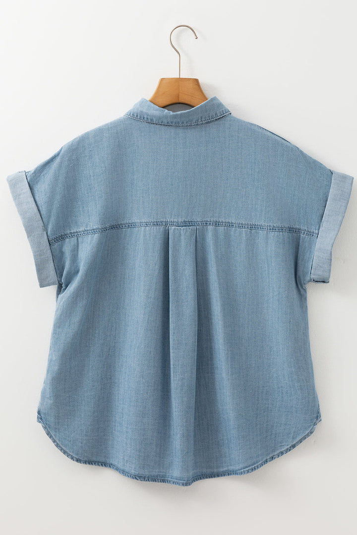 Folded Short Sleeve Patched Pocket Denim Shirt