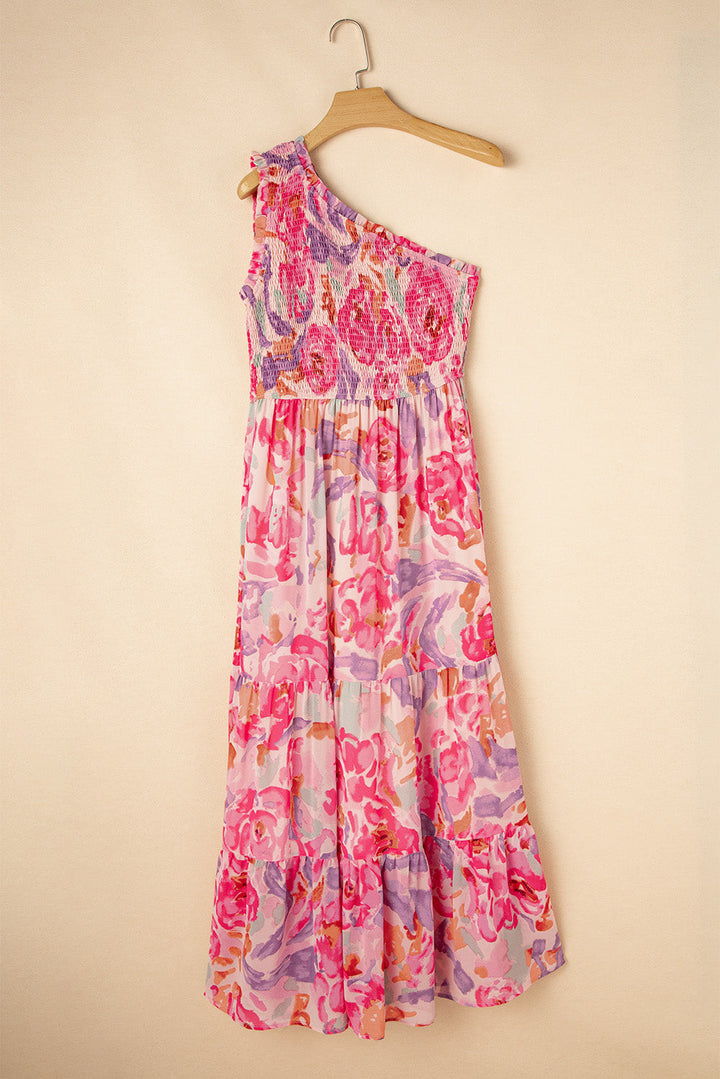 Abstract Floral Print Shirred One Shoulder Maxi Dress