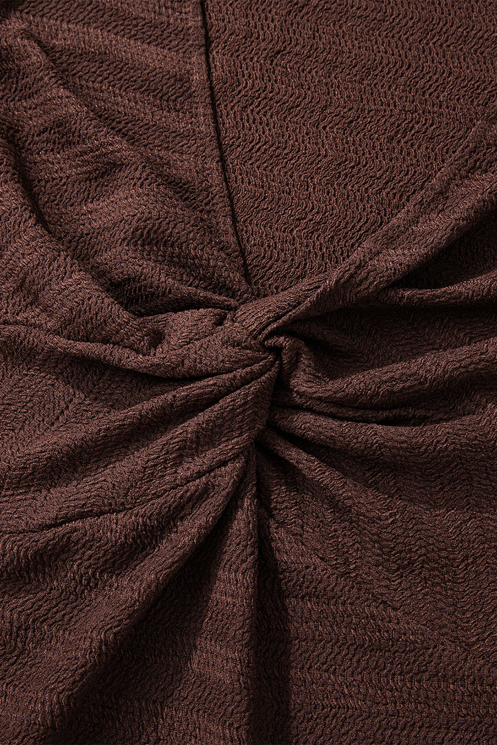 Kaffeebraunes, strukturiertes, gedrehtes Oberteil mit V-Ausschnitt und langen Ärmeln in Volltonfarbe